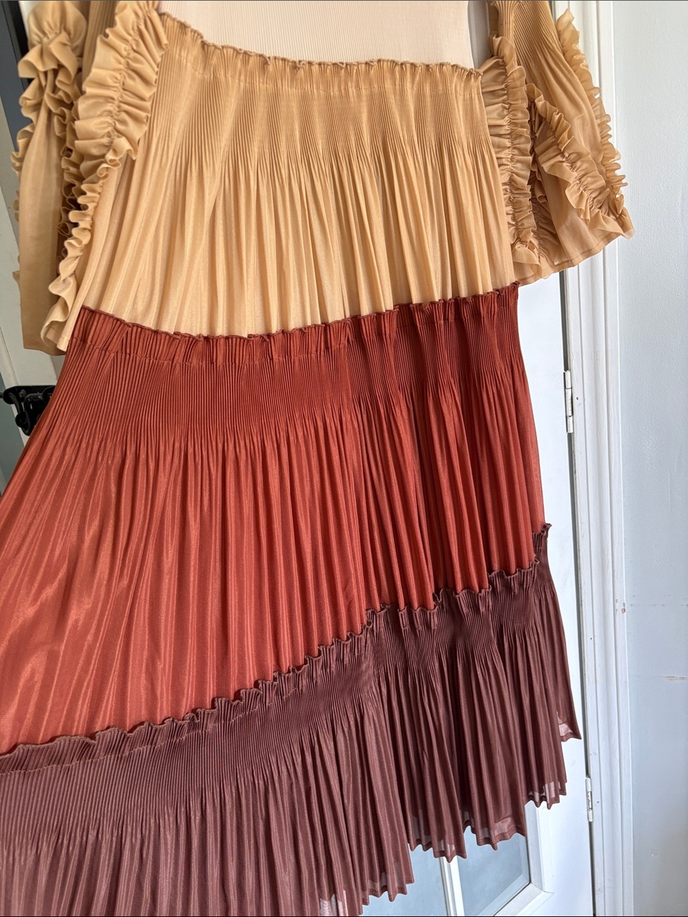 Dress Like An Angel Cream, Beige, Rust & Brown Tiered Pleated Maxi Dress - Picture 5 of 8